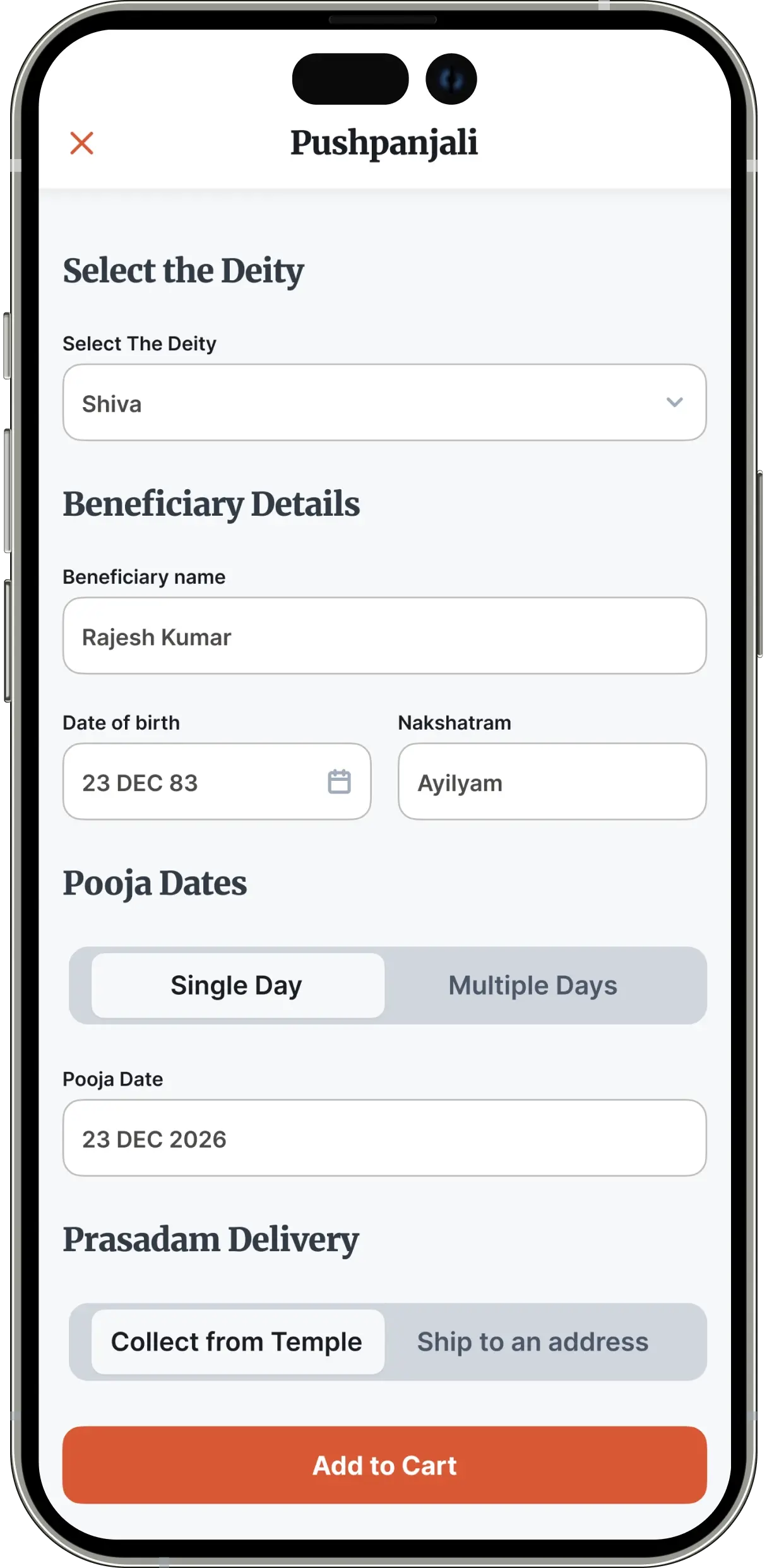 Ritual booking screen with deity selection, beneficiary details, and shipping information form
