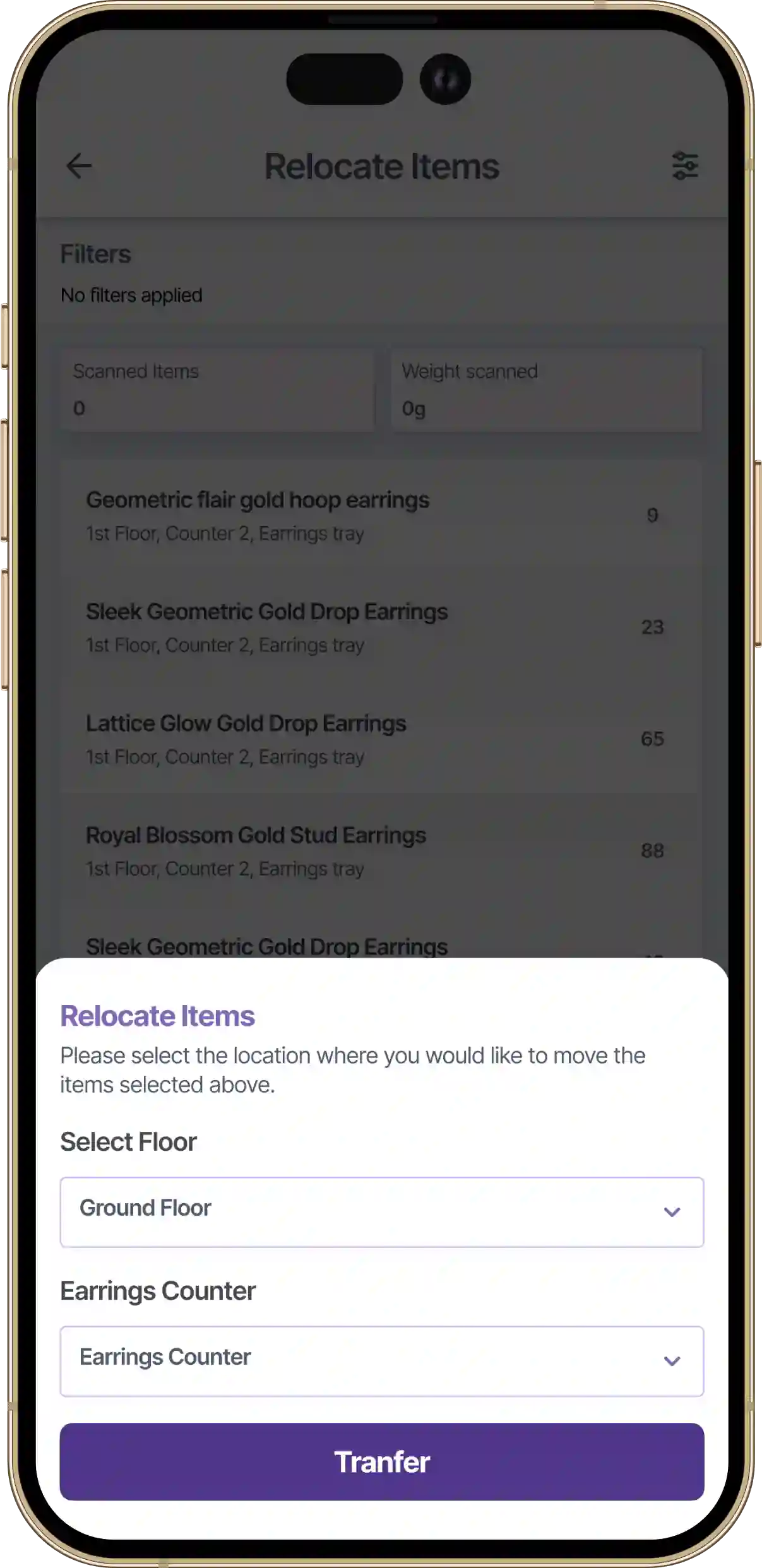 Confirmation screen to verify and complete relocation of scanned jewellery items