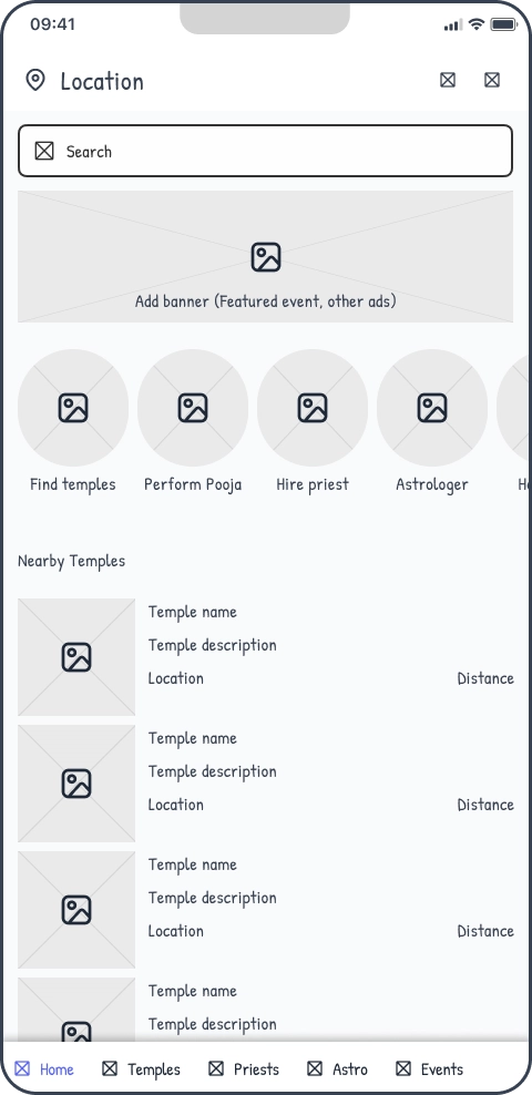 Wireframe of iteration 1 home screen