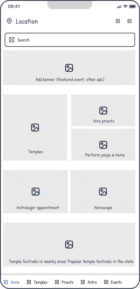 Wireframe of final home screen bento grid layout