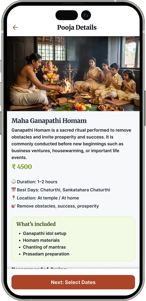 Select pooja screen for the priest booking flow