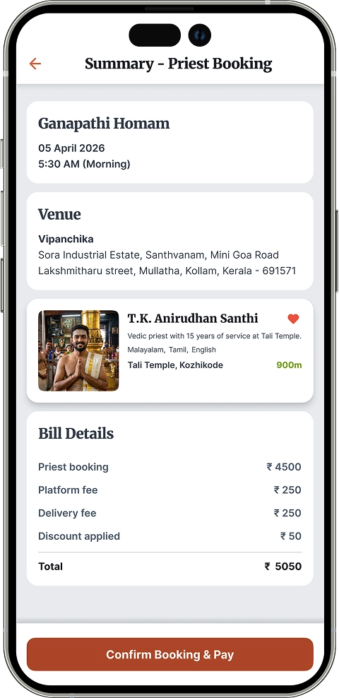 Summary screen for priest booking flow