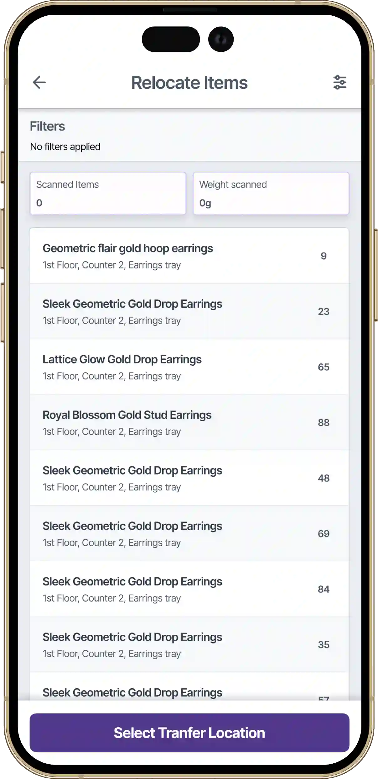 Screen displaying scanned jewellery items ready for relocation after RFID scan