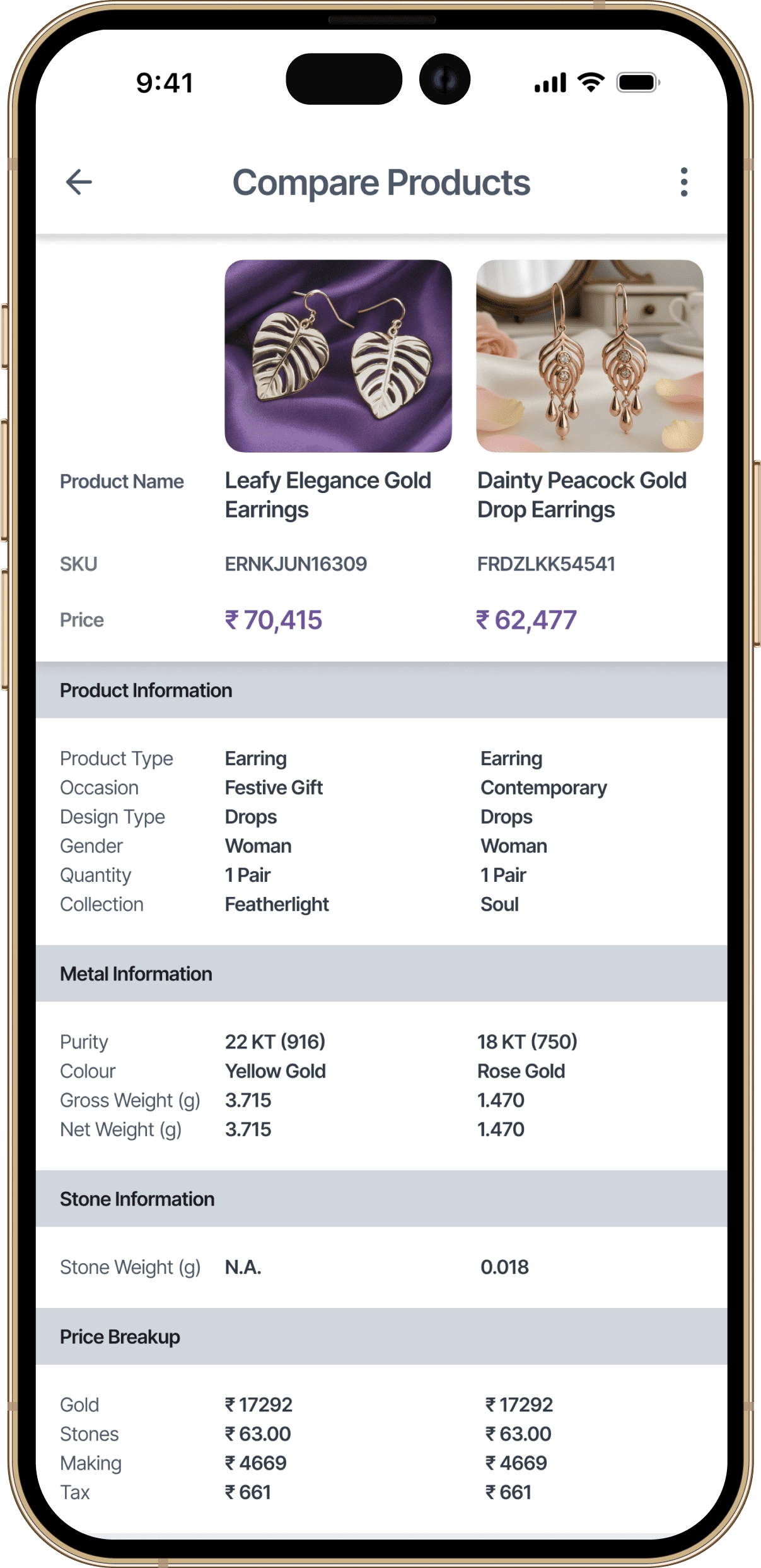 Side by side product comparison screen in RFID jewellery app used to compare jewellery items during customer interaction