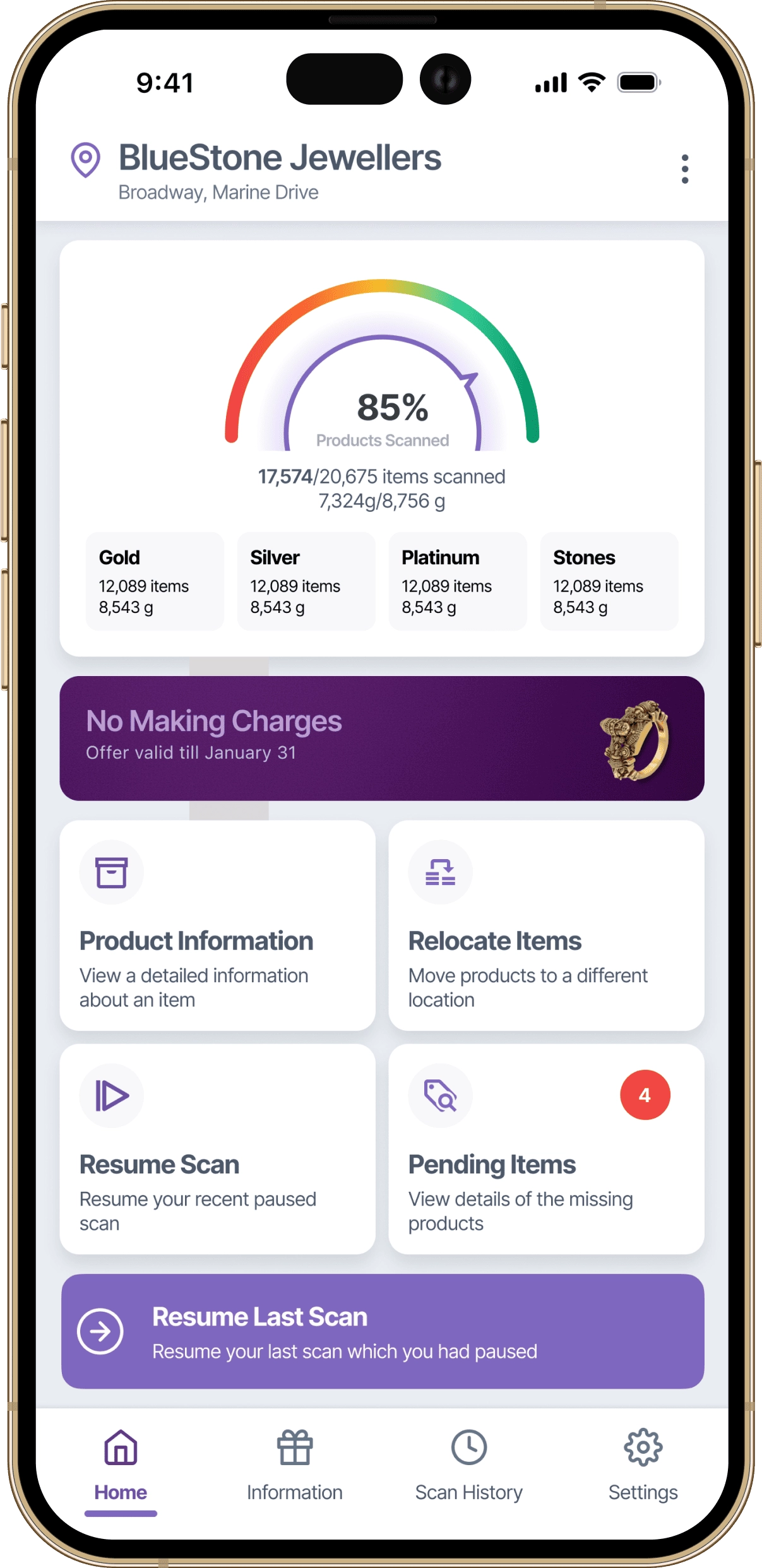 Initial home screen design for RFID jewellery stock management app showing scan and inventory actions