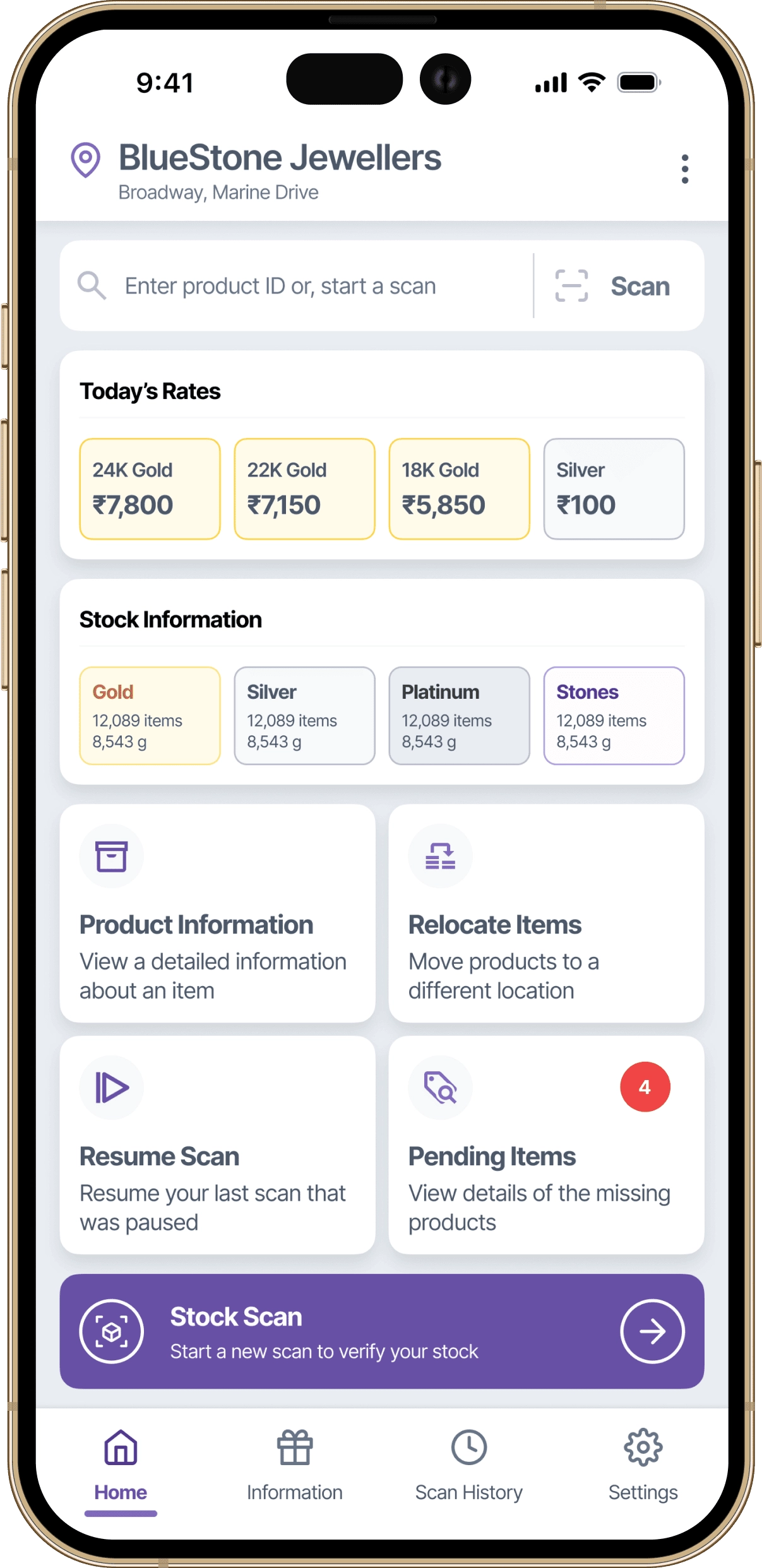 Initial home screen design for RFID jewellery stock management app showing scan and inventory actions