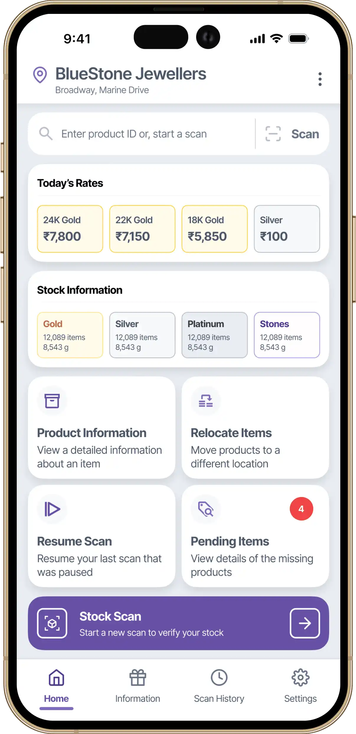 Home screen of RFID jewellery stock scanning app with option to start new scan and view recent audit summary