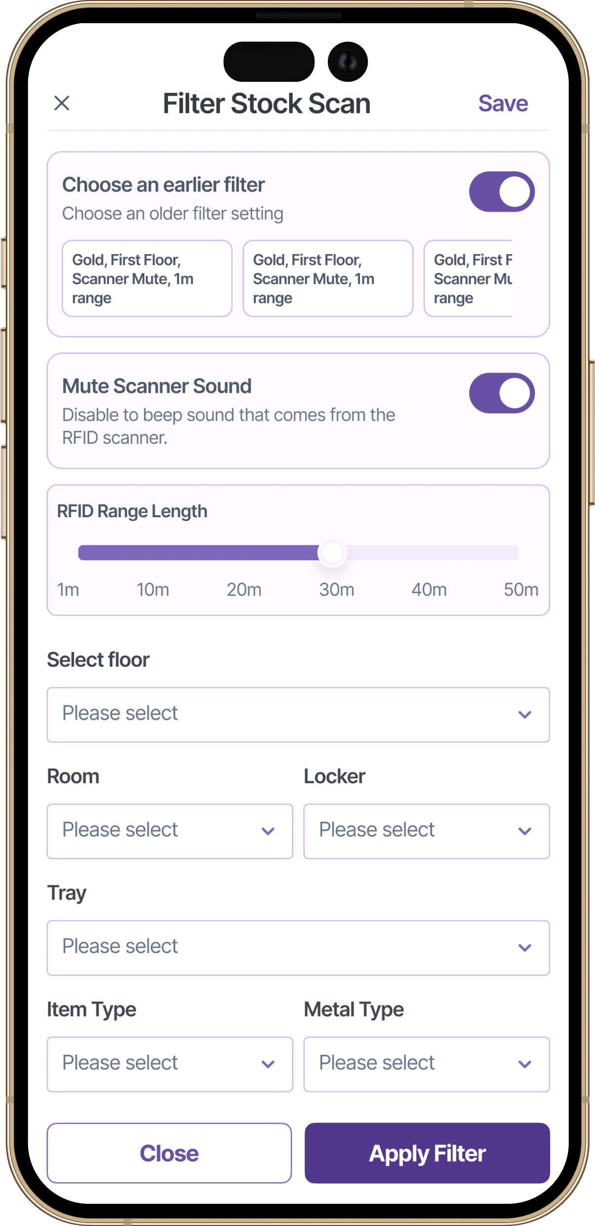 RFID scan filter and settings screen for jewellery stock audit allowing control of beep sound and scan range