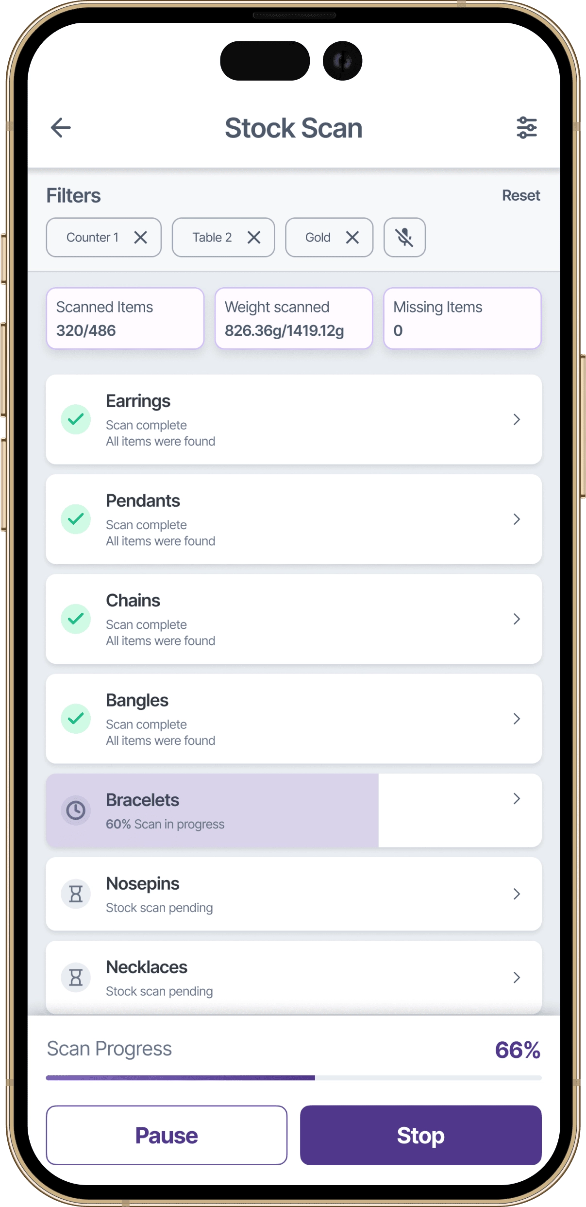 Live RFID jewellery stock scan in progress showing detected item count during audit