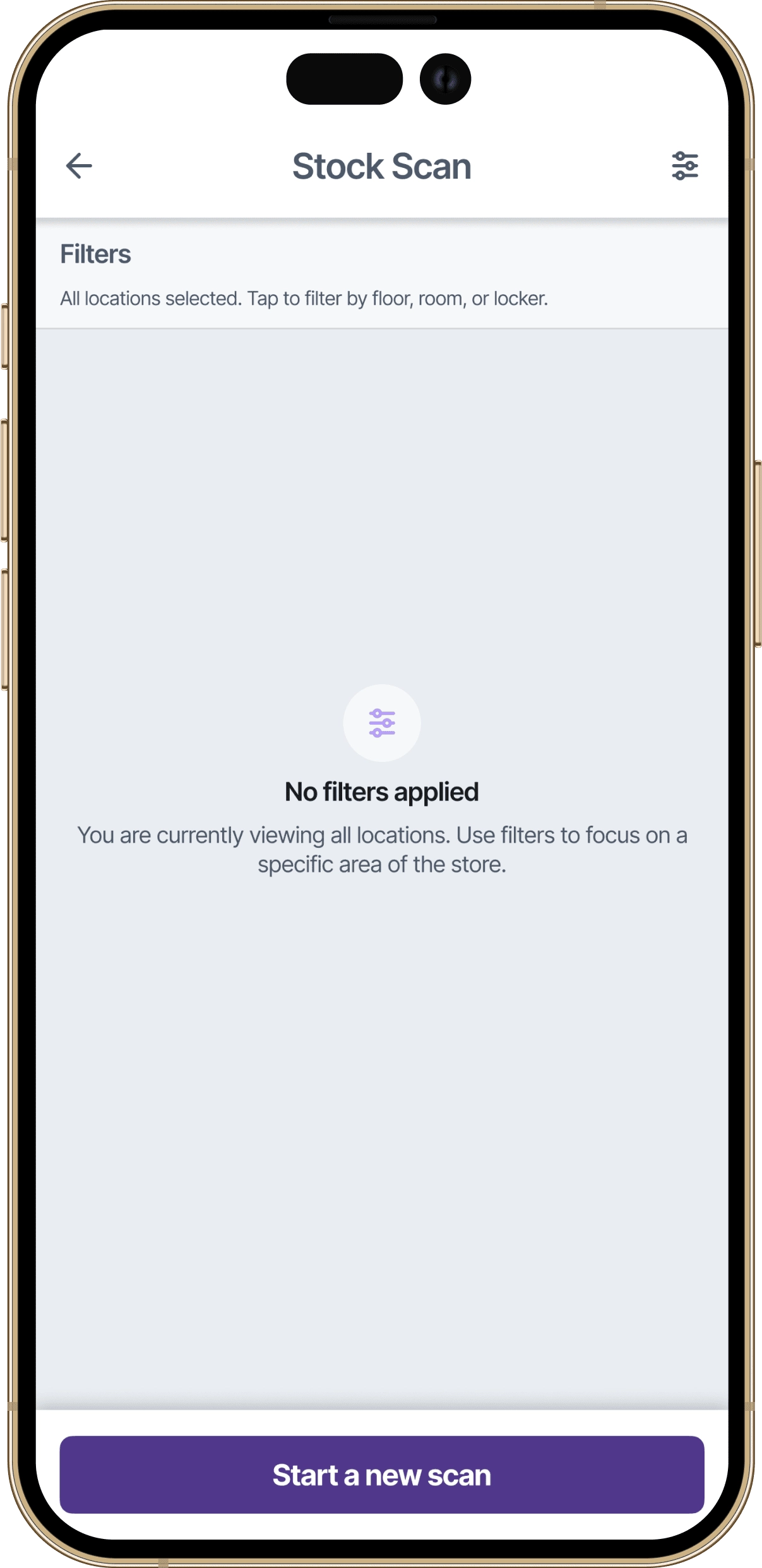 Home screen of RFID jewellery stock scanning app with option to start new scan and view recent audit summary