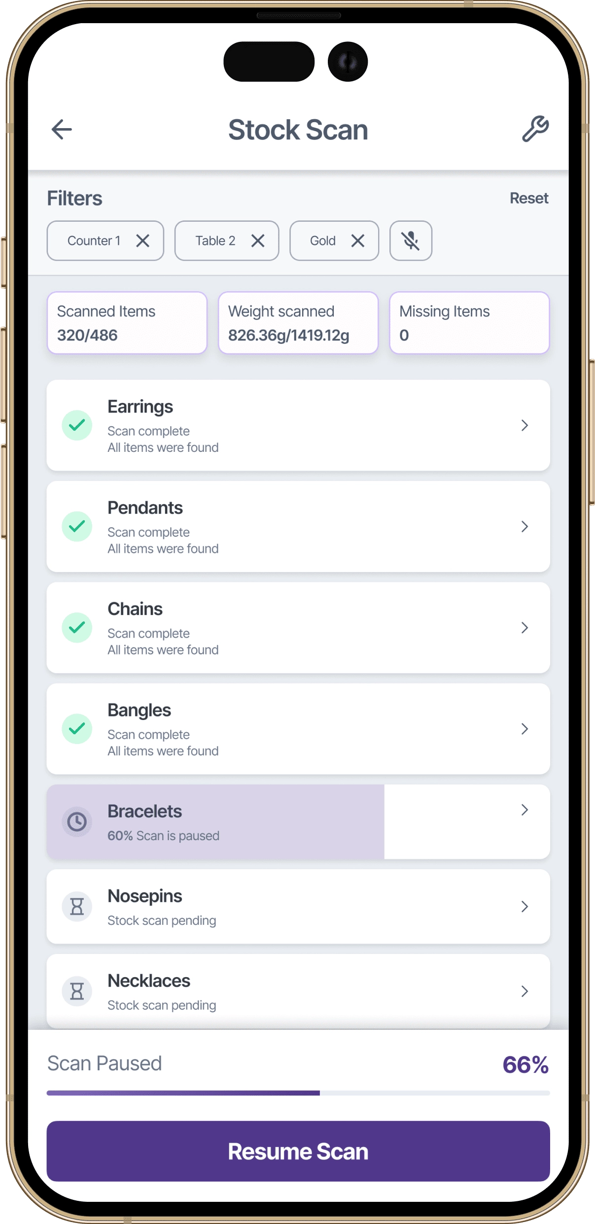 Paused RFID jewellery stock scan screen with options to resume or end the scan