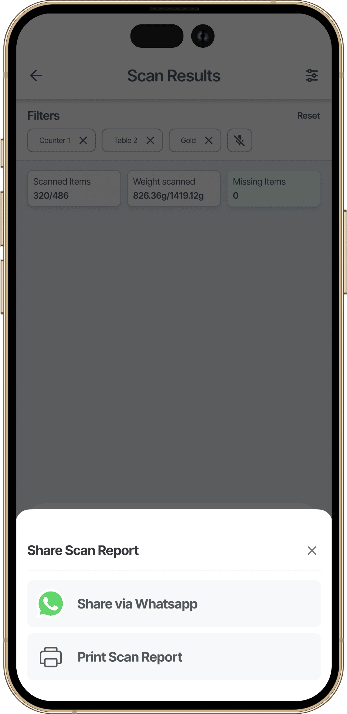 Share scan report screen for RFID jewellery stock audit allowing results to be sent to manager or owner