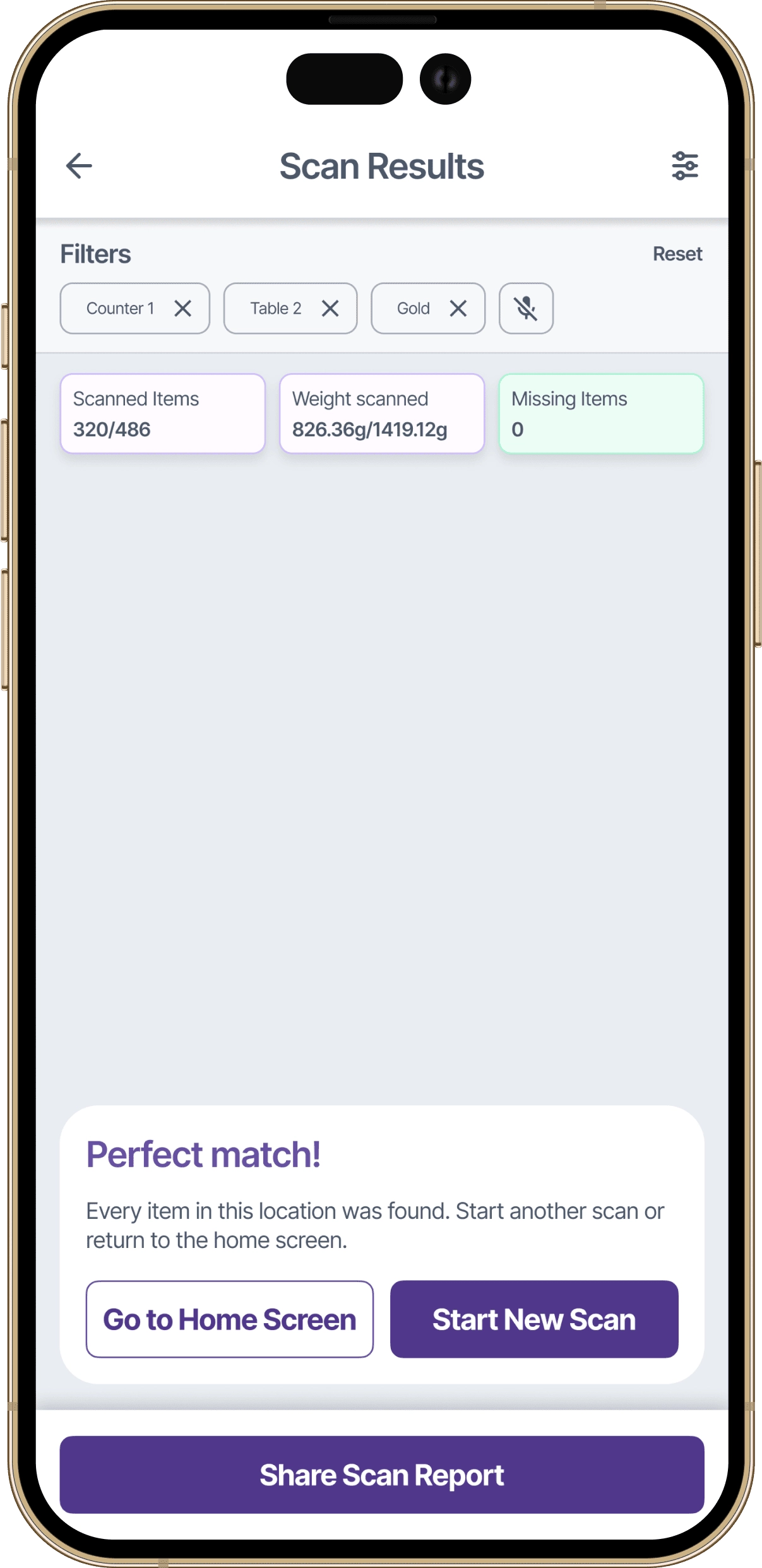 RFID jewellery stock scan summary screen showing all expected items successfully detected