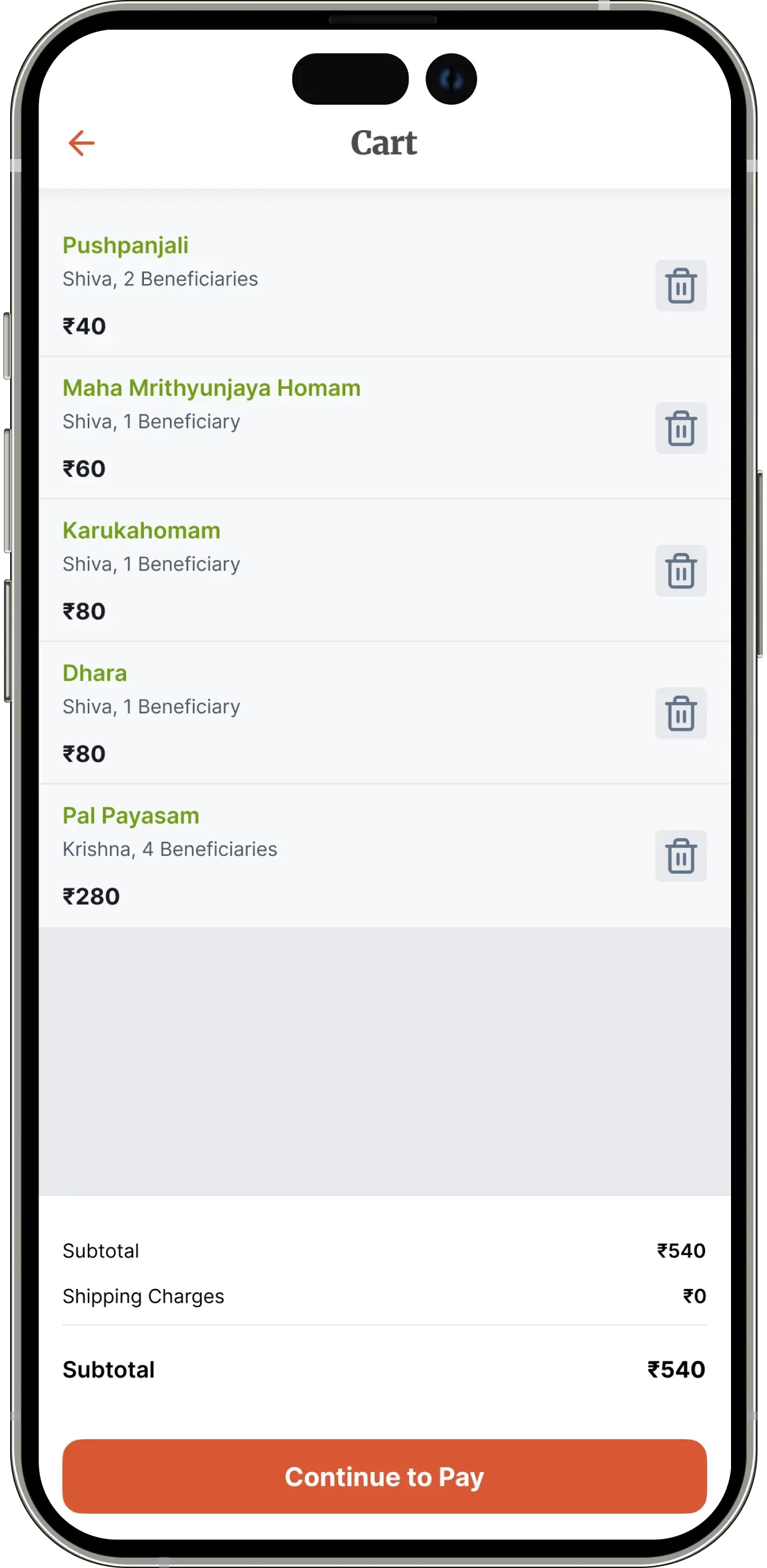 Cart screen showing selected pooja services with details and checkout option