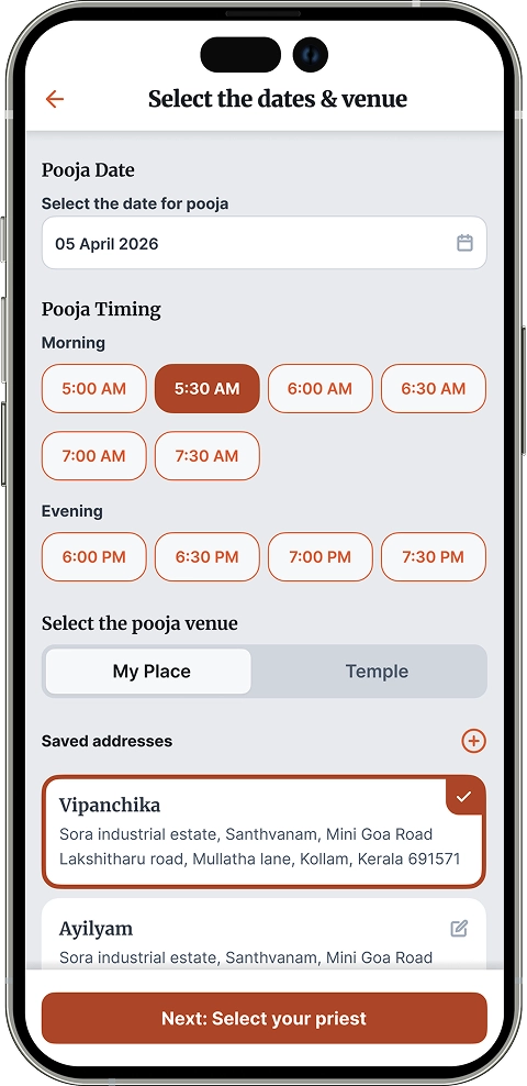 screen to select the preferred date and venue for the ritual