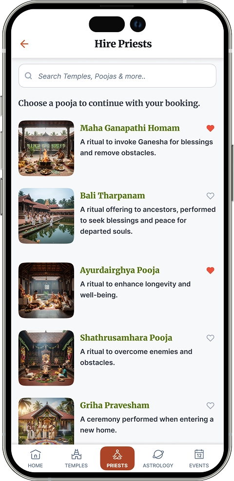 Select pooja screen for the priest booking flow