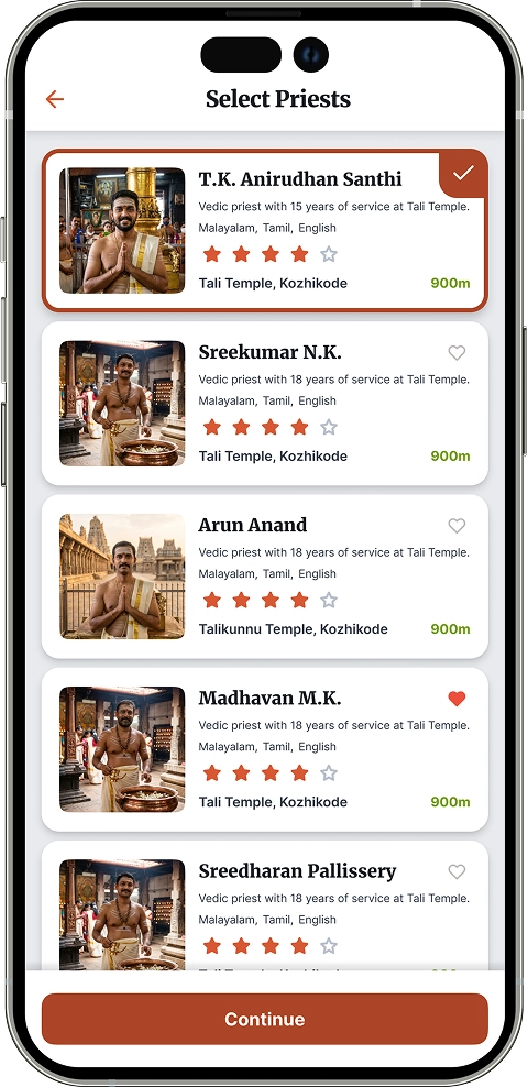 screen to select the preferred priest for the pooja