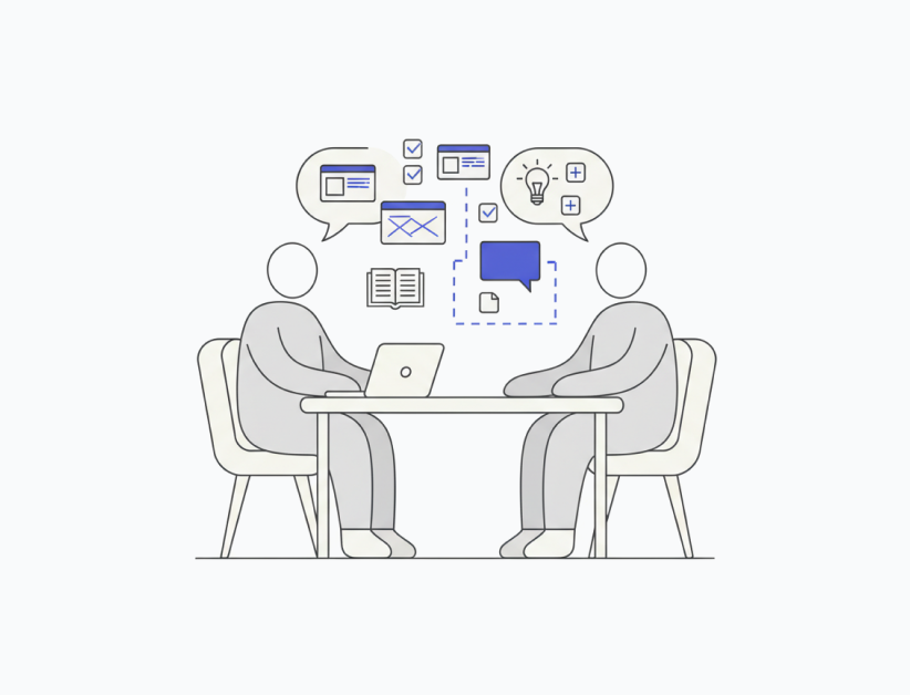 Minimal illustration of a product designer conducting a stakeholder interview